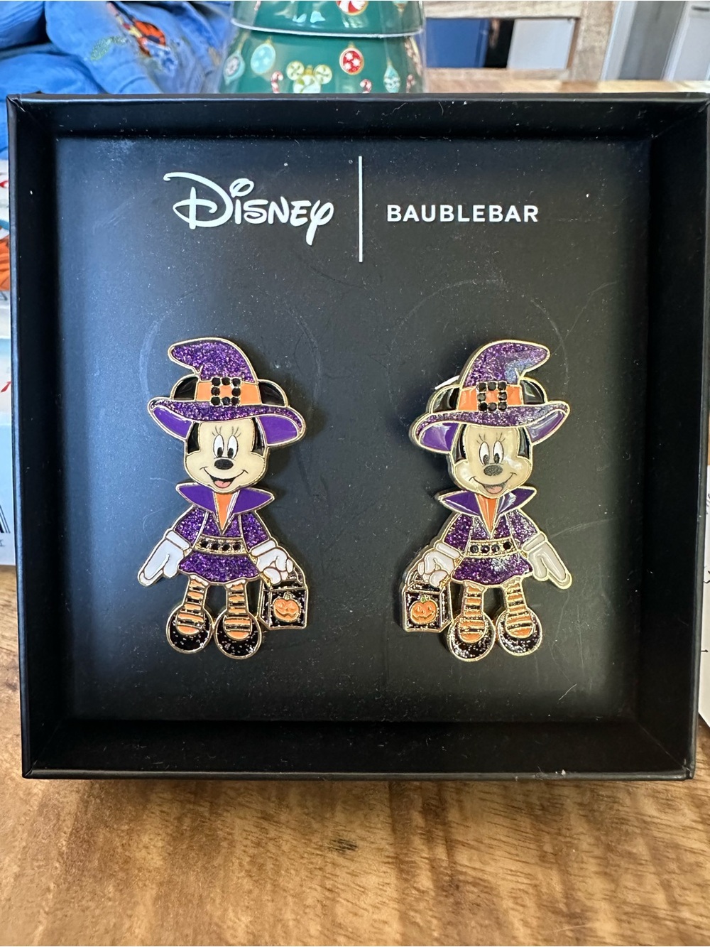 Disney x BaubleBar Minnie Witch trick or Treat Earrings - Purple & Orange